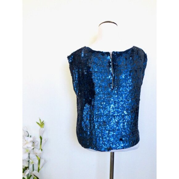 Alice + Olivia Sequin Silk Blouse Top Sleeveless Blue SZ S - Picture 3 of 9